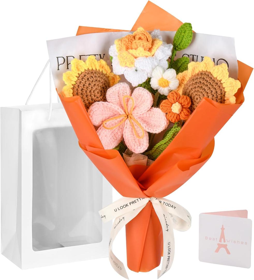 Crochet Flower Bouquet, Orange Crochet Flowers Gifts for Her, Crochet Sunflowers Tulips Roses Bouquet for Valentines Day, Weddings Birthdays Home Decor Gift for Women Moms Wife Friends