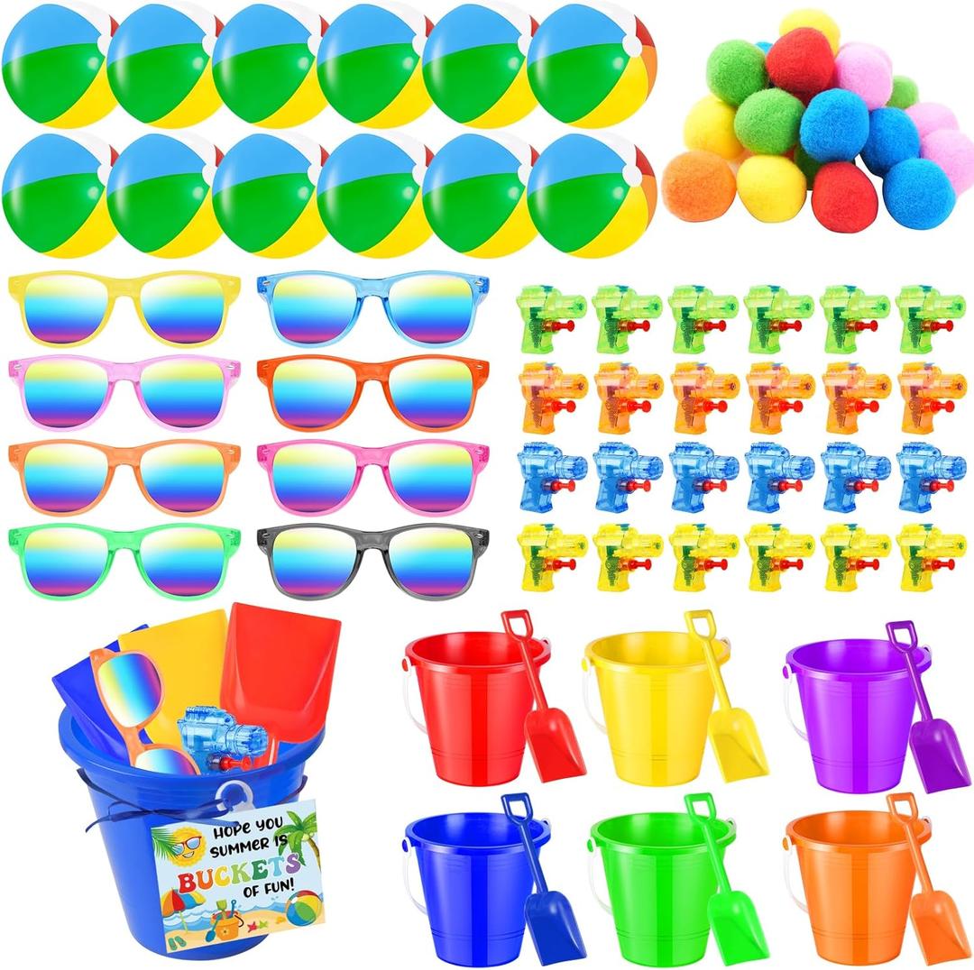 170Pcs 24 Set End of The Year Student Gifts,Beach Balls Sand Bucket and Shovels Set Neon Sunglasses Water Squirts Water Balls Summer Cards for Pool Beach Party Favors