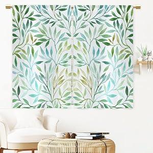 Visioun Watercolor Boho Spring Sage Green Leaves Kitchen Curtains Rustic Vintage Botanical Small Short Cafe Window Curtain Farmhouse Plant Rod Pocket Tier Window Treatment Drapes (27.5x39 Inch)