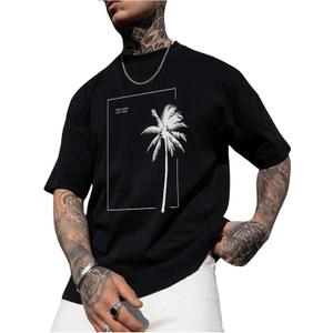 GORGLITTER Men's Crewneck T Shirt Letter Graphic Short Sleeve Casual Drop Shoulder Oversized Tee (X-Large, Black Tree)