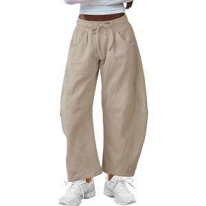 Hongsui Women's Barrel Leg Pants Elasticated Waistband Soft Wide Leg Pants with Pockets Casual Sweatpants (X-Large, Khaki)