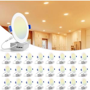 VOLISUN 24 Pack 6 inch Recessed Lighting, 5CCT LED Recessed Light with Junction Box, 2700K-5000K Selectable, 13W Eqv 120W, 1080LM Dimmable Canless Wafer Downlight, LED Ceiling Light ETL Certificated (White)