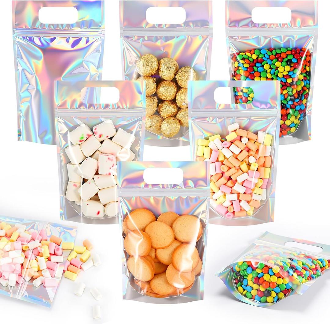 Sinload 120 Pcs Plastic Gift Bag Bulk 5.5 x 8.7 Inch Resealable Party Goodie Bag with Clear Window Color Favor Pouch with Handle for Home Birthday Wedding Party Candy Gift Wrap Supply (Clear Laser)