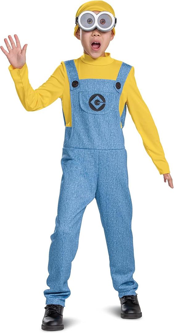 Bob Minions Costume for Kids, Official Minion Jumpsuit Outfit with Goggles and Hat, Classic Size Small (4-6)