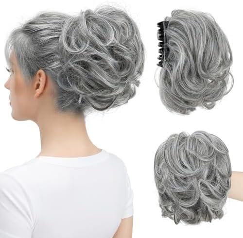 youngways Claw Clip Short Ponytail Messy Bun Hair Piece Bendable Hair Branch Extensions Fluffy Wavy Curly Synthetic Versatile Dark Grey Hairpieces