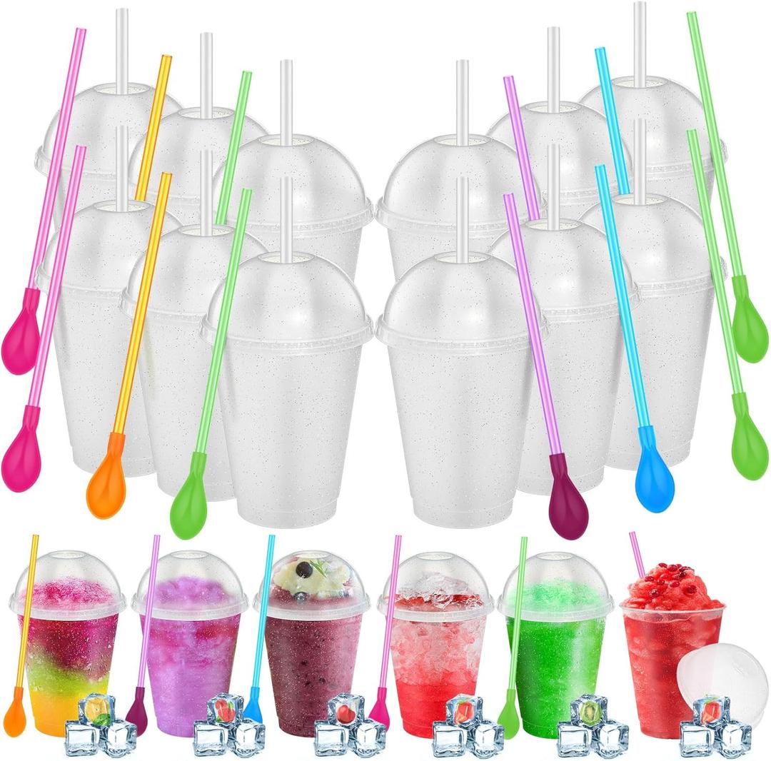 12 Sets Slushie Cups with Dome Lids and Straws Detachable Spoon Straws Reusable 16 oz Plastic Iced Coffee Cups Smoothie Tumbler for Birthdays Summer Party Supplies (Transparent White)