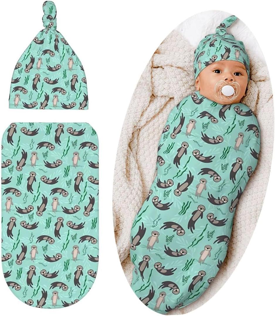 Sea Otter Swaddle Blanket with Beanie Hat Set Boys Girls, Cute Sea Otter Lover Gifts Sleep Sack Receiving Blanket for Infants & Newborns