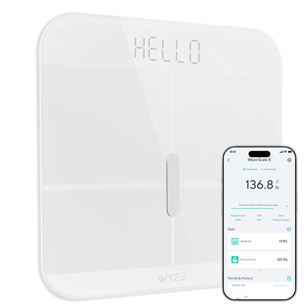 Wyze Smart Scale X - Digital Bathroom Scale for Body Weight, BMI, Body Fat, Muscle Mass, Heart Rate Monitor | ITO Glass & LED Backlight | Batteries Included, 400 lbs (White)