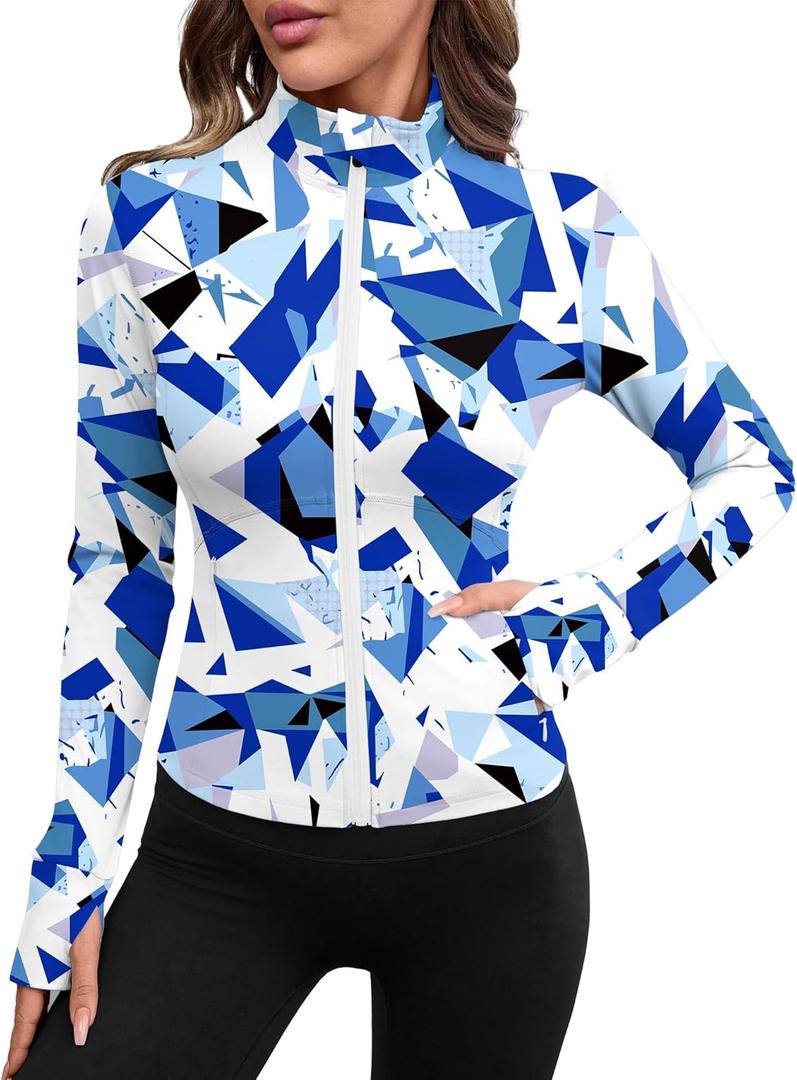 Avoogue Athletic Jacket Women's Full Zip Lightweight Hiking Running Jacket White Fashion 2025 Blue Print XL