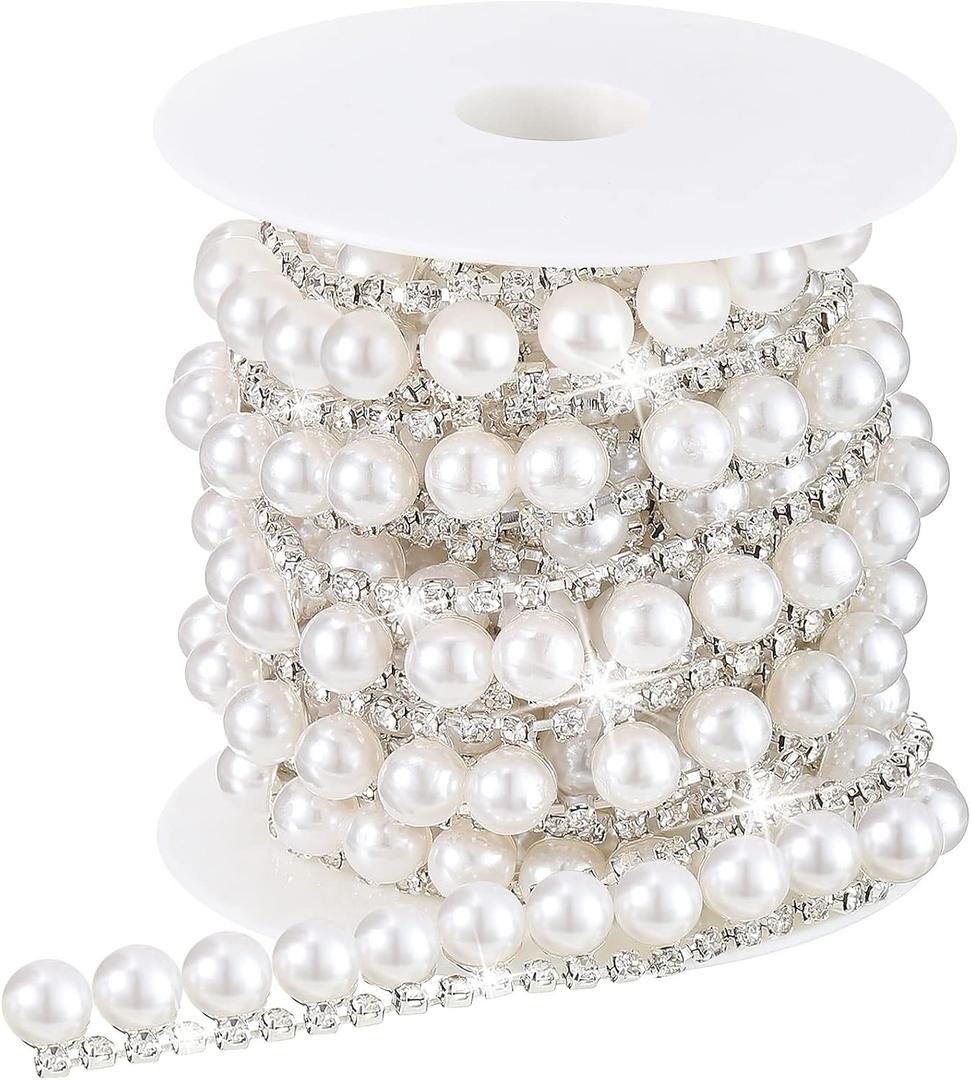 2 Yards Rhinestone Trim Pearls and Diamonds Crystal Chain Rhinestones Pearl Chain for Craft Rhinestone and Pearl Trim Applique Pearl Beaded Rhinestone Bridal Embellishments for Wedding (Classic Style)
