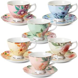 BTaT- Floral Tea Cups and Saucers Set of 6 (8 oz), Porcelain Tea Cups Set of 6, Pastel Flower Garden Design with Gold Trim, Mother's Day Gift