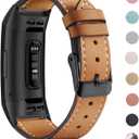 Leather Band Compatible for Fitbit Charge 3/ Charge 4, Replacement Genuine Leather Bands for Women Men (01.Graphite Connector & Frosted Brown)