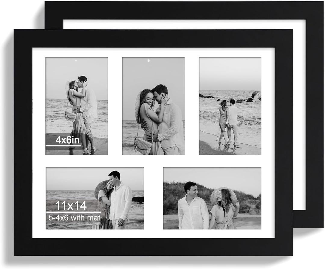 Hongkee 11x14 Picture Frame Set of 2, Black Wood Frame with Real Glass Collage Picture Frames, Display Pictures Five 4x6 With Mat or 11 x 14 Without Mat, Photo Frames Wall Gallery