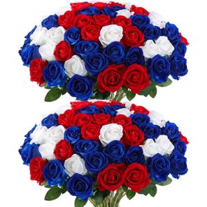 Hananona 50 Pcs Artificial Roses in Bulk, Fake Velvet Silk Roses Realistic Roses for 4th of July Wedding Centerpieces Independence Day Patriotic Flower Arrangement Home Decor (50, Red, White, Blue)