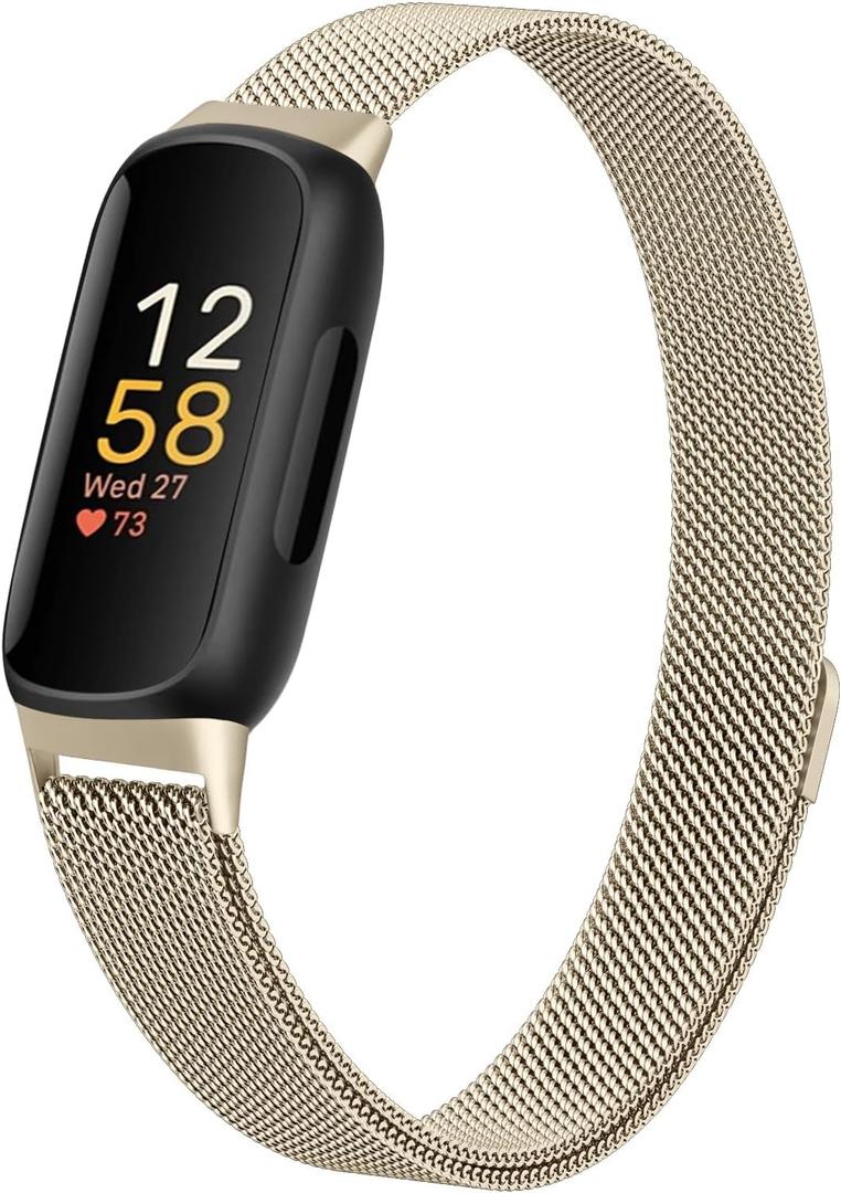 JKD Metal Bands Compatible with Fitbit Inspire 3 Bands for Women Men, Soft Stainless Steel Band Mesh Loop Strap Replacement Magnetic Wristband Accessories for Fitbit Inspire 3 Fitness Tracker (Champagne Gold)