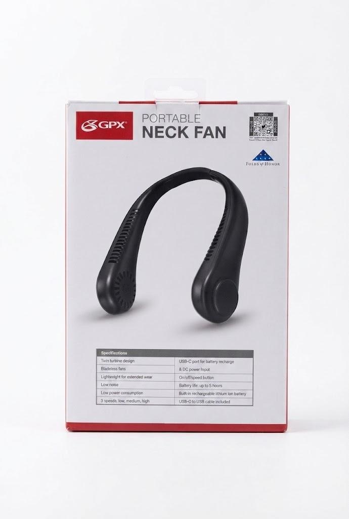GPX Portable Neck Fan, Bladeless Personal Wearable Fan with 3 Speeds and USB Rechargeable Battery