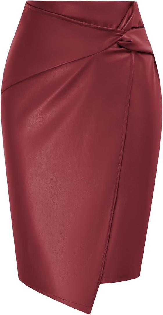 Kate Kasin Women's Faux Leather High Waist Wrap Knit Bodycon Midi Skirt for Business Casual Pencil Skirt (Medium)
