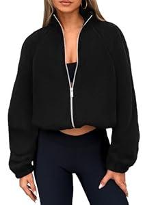 PRETTYGARDEN Womens 2025 Winter Fleece Jacket Trendy Long Sleeve Zip Up Cropped Warm Sherpa Coat Fall Fashion Workout Clothes (Black, XX-Large)