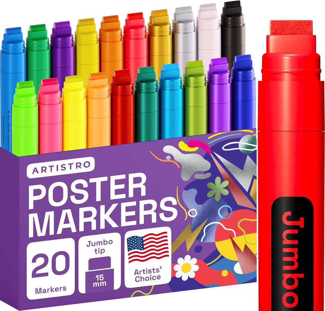 ARTISTRO 20 Poster Markers Jumbo Set Acrylic Markers with 15mm Wide Jumbo Tip for Murals Tagging Posters - Large for Rock Wood Plastic Leather Metal Fabric Ceramic