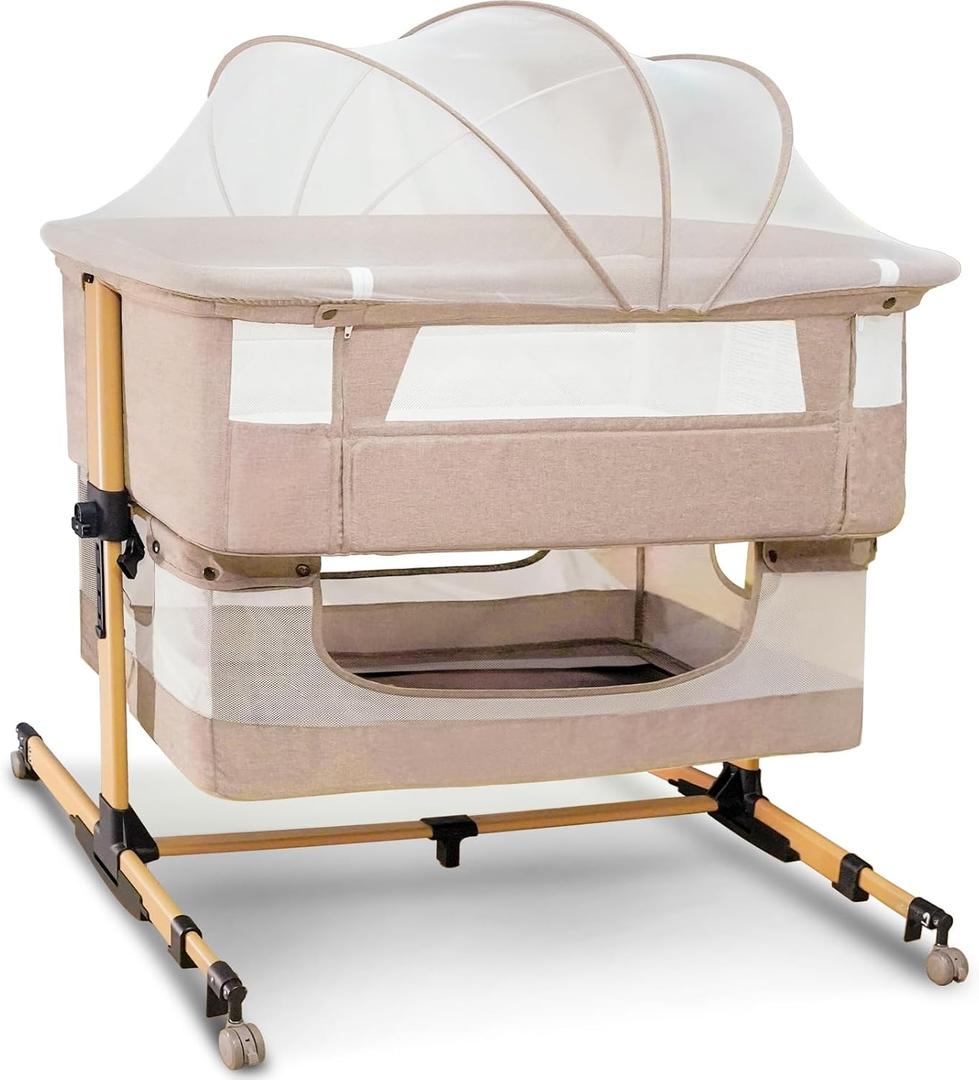 Baby Bassinet, 3 in 1 Bedside Sleeper with Mattress and Mesh Sides, Mosquito Net, Storage Basket, with Rocking Function, 5-Height Adjustable, Easy Assemble Crib for Newborn, Pink