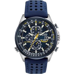 Citizen Men's Eco-Drive Sport Luxury World Chronograph Atomic Time Keeping Watch, Stainless Steel with Blue Leather Strap Coated in Polyurethane, Blue Dial (Model: AT8020-03L