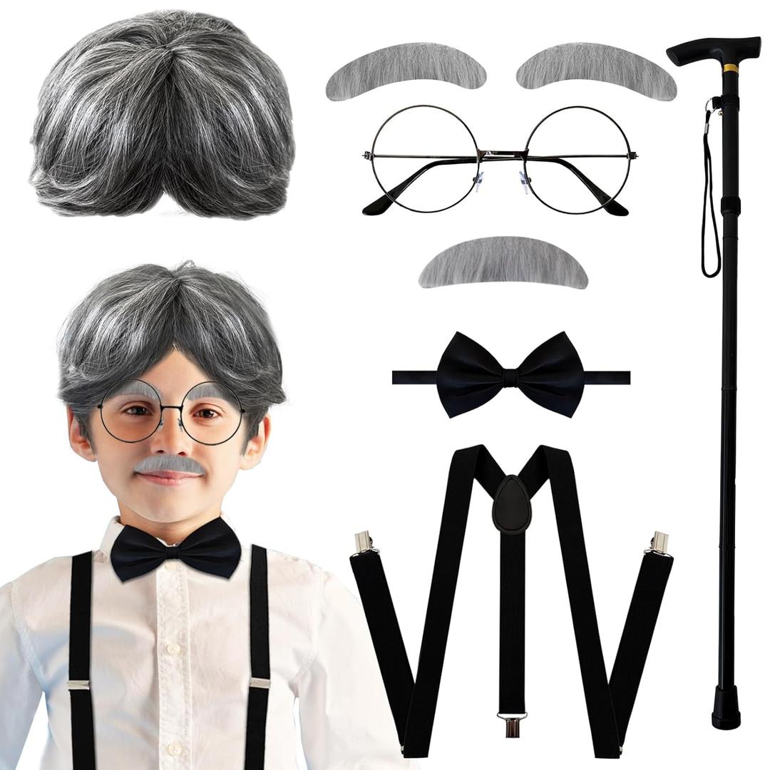 Old Man Costume for Men Boys,Gray Old Man Wig,Grandpa Accessories Set for 100th Day of School Dress-Up,Halloween Cosplay,8 Pieces