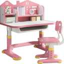 Kids Desk and Chair Set, Ergonomic Height Adjustable, Study Desk with Bookshelf, Book Stand, Metal Hook and Storage Drawer for Boys Girls,Student Writing Desks for 5-12 Years Pink1