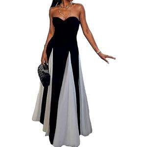 Womens Elegant Sleeveless Color Block Pleated Maxi Dress Patchwork Swing Formal Party Prom Flowy Long Dress (Large)