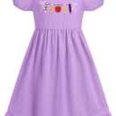 ODASDO Girls Back to School Dress Apple Pencil Embroidered Short Sleeve Ruffle Swing Twirly Dress Summer Outfit (Purple)