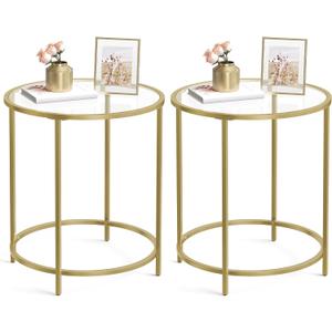 VASAGLE Round Side Tables, Set of 2, Glass End Tables with Metal Frame, Gold Coffee Tables with Modern Style, for Living Room, Balcony, Bedroom, Gold Color