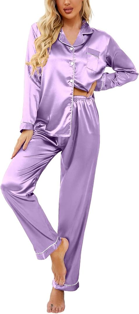 Ekouaer Women's Classic Button Down Long Satin Silk Pajama Set (Medium, Lavender)