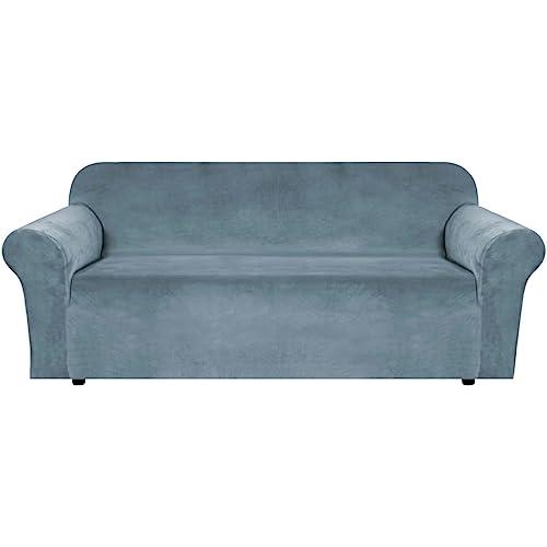 H.VERSAILTEX Stretch Velvet Sofa Covers Large Couch Covers Sofa Slipcovers Furniture Protector Soft with Non Slip Elastic Bottom, Feature Thick Comfy Rich Velour (XL Sofa, 98"-105", Stone Blue)