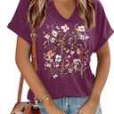 Women's Floral T-Shirts V-Neck Dandelion Sun Flower Graphic Casual Tee Boho Tops Cute Wildflowers Shirts (Purple, M)