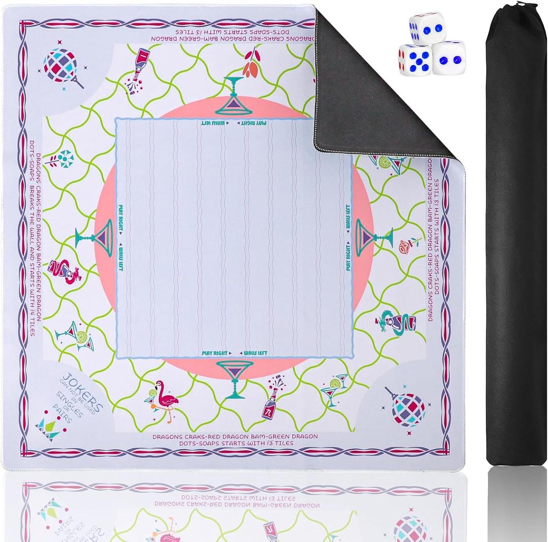 American Mahjong Mat(33"x33") with Black Carrying Bag&Dice,Anti-Slip, Noise-Reducing Gaming Mat for Mahjong/Poker/Board Games/Card Games/Dominoes