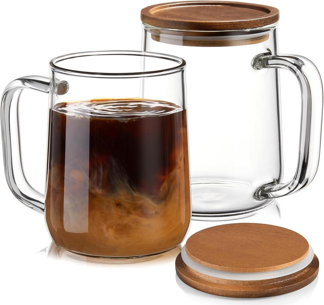 Glass Coffee Mugs, 16 oz Glass Coffee Cups with Acacia Wood Lids, Clear Borosilicate Glass Mugs with Handles for Cappuccino, Tea, Latte, Hot/Cold Beverages, Wine, Americano, Set of 2