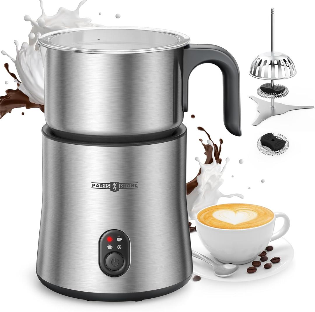 Milk Frother and Steamer, PARIS RHNE 4 in 1 Detachable Milk Steamer, 500ml Hot Chocolate Maker and Milk Warmer with Hot & Cold Foam, Dishwasher Safe, All Stainless Steel