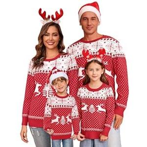 Totatuit Men's Ugly Patterns Christmas Sweater Red Reindeer Tree Snowflakes Cute Knit Family Knit Pullover Sweater
 (Small)