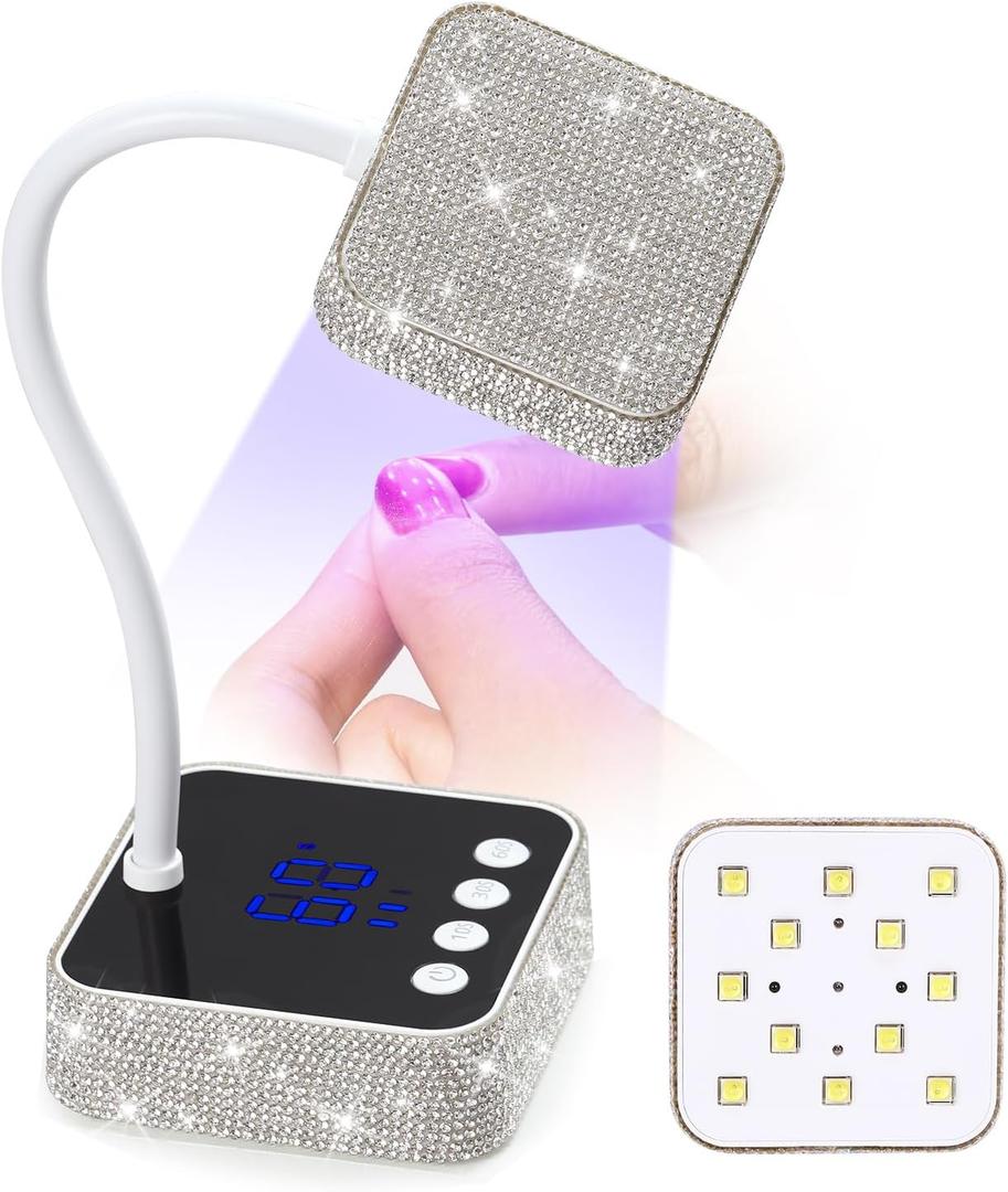 UV LED Nail Lamp, Mini UV Light for Gel Nails Polish, Rechargeable with 4 Timers, Nail Dryer, Quick Drying Cordless Goosenecks Home Nail Salon DIY Manicure (M9-White Diamond)