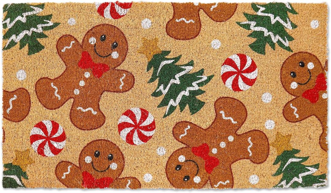 Whaline Christmas Natural Coir Doormat Cute Gingerbread Man Xmas Tree Candy Welcome Floor Mat Non-Slip Entrance Door Rug for Indoor Outdoor Home Bathroom Decor, 16.5 x 29 Inch