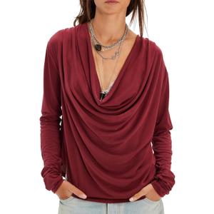 Cowl Neck Tops for Women Draped Blouses Shirt Loose Casual Dressy Top | Cotton Blend, Long Sleeve, Loose Fit, Off the Shoulder Top,Sexy, Elegant, Business Tops, Deep V Neck, Oversized (Red, M)