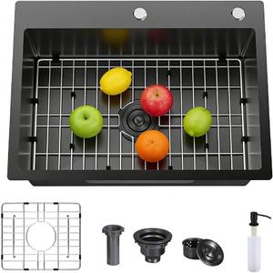 18 Inch 304 Stainless Steel Drop In Bar Sink,Black Topmount Single Bowl Workstation Kitchen Sink With Protective Bottom Grid For Camper,RV Sink