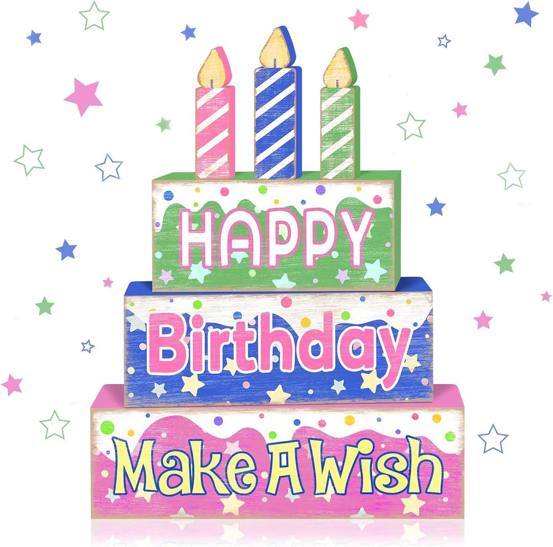 4 Pcs Birthday Wooden Tiered Tray Decor, Cake Shaped Table Sign with Candles Colorful Kids Birthday Party Decoration, Farmhouse Centerpiece for Home or Table Make a Wish Gift