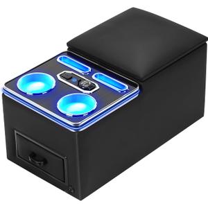 Center Console, Universal Bench Seat Center Console, Center Console Organizer with 7-Color Mood Lighting Cup Holder & Phone Holder, Central Armrest Box for Car Minivan Van Truck (Black)