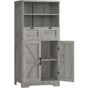 Farmhouse Storage Cabinet with Doors & 2 Drawers, Bathroom Cabinet with Adjustable Shelf, Cupboard for Living Room, Entryway, Home Office, Gray (Grey)