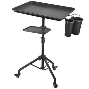 Salon Tray Cart on Wheels, Aluminum Tattoo Tray with Storage Platform, Adjustable Height Service Rolling Tray, Storage Tray Accessory for Salon Spa Dental Use, Rolling Tray Cart (Black)