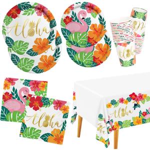 Tropical Luau Party Supplies Flamingo Party Dinnerware Set Disposable Paper Plates Napkins Cups and Tablecloth for Hawaiian Beach Party Decorations, Serve 25