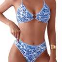 Fanuerg Women's Triangle Bikini Sets O Ring Linked Two Piece Swimsuits Floral Printed Cheeky Bathing Suit Size XS