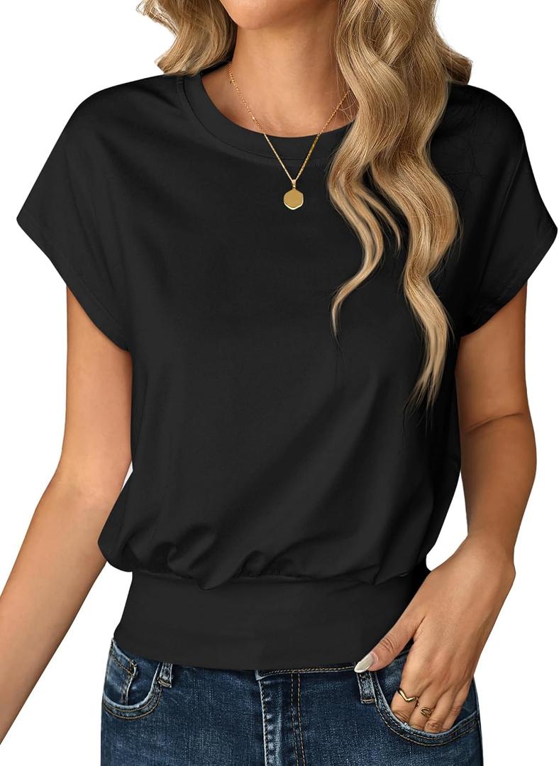 Remidoo Women's Banded Bottom Tops Short Sleeve Cropped T Shirt (Black, XXL)