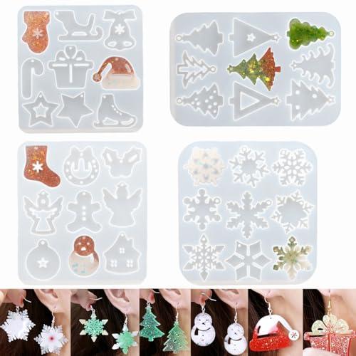 4pcs Christmas Earring Resin Molds Silicone, Resin Christmas Ornament Molds, Glossy Silicone Molds for Resin Earring, Art Craft,Keychains,Christmas Tree Decorations