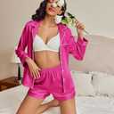Ekouaer Satin Pajama Set for Women Button Down Pj Set Long Sleeve Top and Shorts 2 Piece Loungewear Summer Soft Sleepwear (Pink, M)